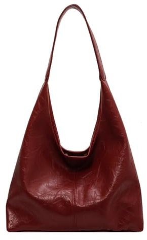 HESYSUAN Damen-Tragetasche, Vintage, 2024, PU-Leder, Schultertaschen für Damen, weiches Leder, große Kapazität, Freizeit-Tragetasche, rot, M