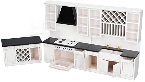 Miskall Miniatur-Küchenschrank-Set aus Birke im Maßstab 1:12,Puppenhaus Miniatur Küchenset für selbstgemachte Puppenhaus Dekoration und Landschaftsornamente
