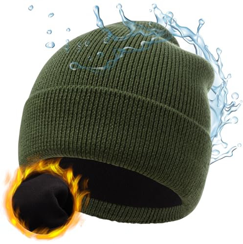 M/L/XL/XXL, wasserdichte Merinowolle, Beanie für Herren und Damen, warmes Fleece gefüttert, regendicht, winddicht, Wintermütze für jedes Wetter, B - Armeegrün, M/L
