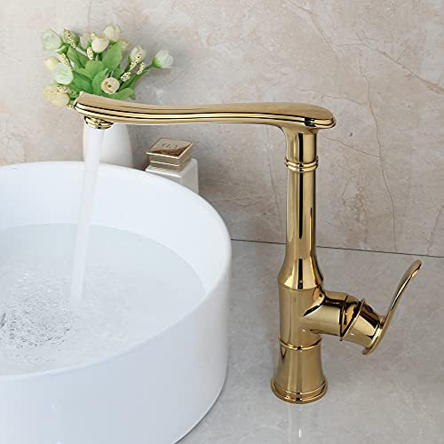 DPNABQOOQ Goldener polierter Strahlauslauf-Waschtischarmatur, massiver Messing-Waschbeckenhahn, Deckmontage, Wassermischbatterie, vergoldeter Langer Wasserhahn