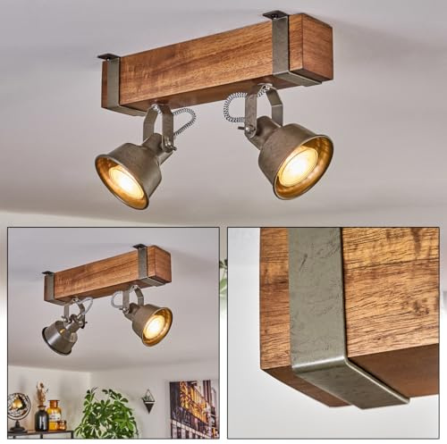 HOFSTEIN Deckenleuchte Pehefito, verstellbare Deckenlampe aus Metall/Holz in Grün-Grau/Braun, Leuchte im Industrial/Retro/Vintage-Design mit Holzbalken, 2 x GU10, Wohnzimmer, Esszimmer, Schlafzimmer