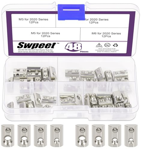 Swpeet 48Pcs 2020 Series Carbon Steel Nickel Plated Roll-in Spring T Nut M3 M4 M5 M6 Assortment Kit, T Slot Nuts, Roll Ball Elastic Nuts for 2020 Series Aluminum Extrusion Profile Rail