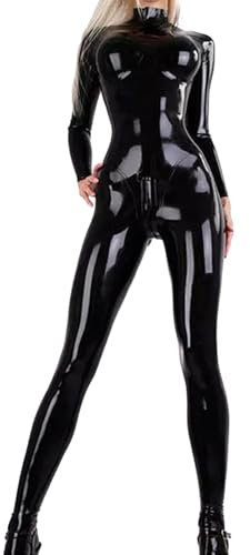 Generisch Schwarz,XL, Damen Sexy Spiegel Latex-Ammoniak Catsuit Freizeit Reißverschluss Lange Ärmel Eng Overall Nachtclub DS Bühne Kleidung