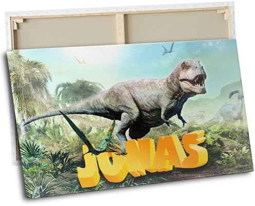 timalo® Kinderzimmer Wandbild Bild auf Leinwand Kinder Bilder für die Wand Leinwandbild xxl personalisiert mit Namen Mädchen Jungen Bild fürs Teenager Zimmer | 120 x 50 cm Dinosaurier