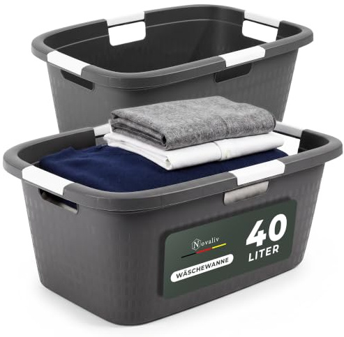 Novaliv 2 Stück Wäschewanne mit 4 Griffen 40L Anthrazit, Wäschebox Set Wäscheeimer Wäschebehälter für Bad Wäsche Schmutzwäsche, Wäschewannen Laundry Basket Haushalt Korb Sammler Box