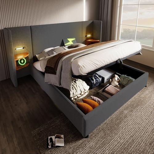 NNJN Polsterbett mit Nachttisch, Leselampe und USB Type-C Ladefunktion, Bettanlage Stauraumbett Bettgestell mit Lattenrost aus Massivholz und Metall(Ohne Matratze) ((Grau（Leinen）, 180×200cm)