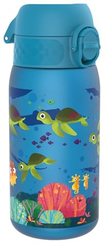 Ion8 Kids Water Bottles, 350ml/12oz, BPA Free, Leakproof, Dishwasher Safe, Easy Open, Secure Lock, Small Boys & Girls Water Bottle,Kids Drinks Bottle for Spill-free Drinking, Blue, Sea Turtle