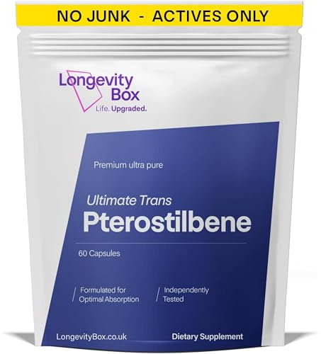 Longevity Box Ptérostilbène 150 mg, 60 gélules, trans-ptérostilbène 99% pur, antioxydant, testé par un laboratoire tiers pour le soutien du stress oxydatif et de la santé cellulaire