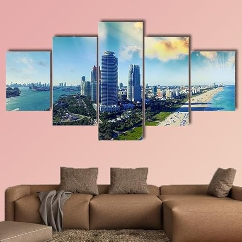 QYYAMDEQ Leinwand Bilder 5 Teilig Wandbilder Blick auf Miami Beach bild auf leinwand Wohnzimmer Modern Bilder, Poster, Kunstdrucke Büro Flur Bad Küchebilder