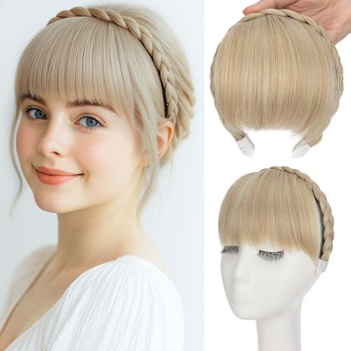 S-noilite Stirnband mit Pony Fransen, Front Haar Pony Perücken Stirnbands, Synthetische geflochtene Haarverlängerungen Haarteil,Aschblond-Mix mit Blondblond