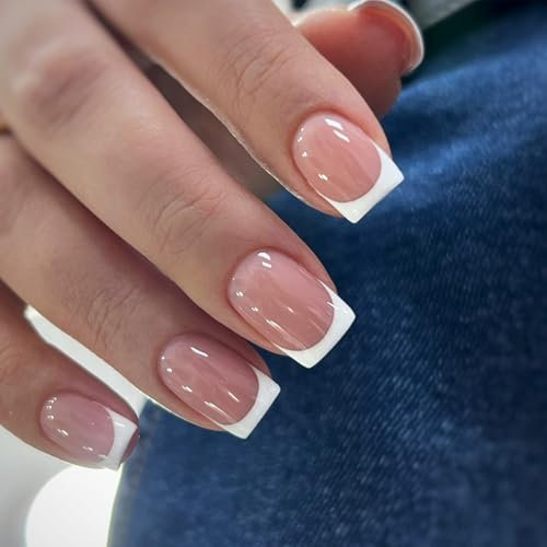 French Fake Nails - 24Pcs Short Nude Glue On Nails - Full Cover Artificial Press on Nail in 12 Different Sizes - Stick on Nails Manicure for Women Girls Nail Decorations