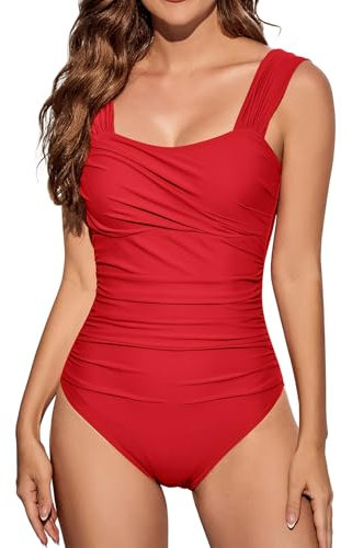 VECENEY One Piece Swimming Costume Women Tummy Control Modest Swimwear Square Neck Ruched Swimsuit Red XL