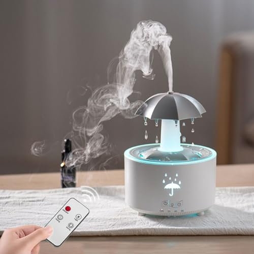 Umbrella Shaped Humidifier, Umbrella Diffuser with Rain Sound Effect 7 Color LED Light 300ml Essential Oil Diffuser Timer Remote Control Quiet Operation for Bedroom Office(White)
