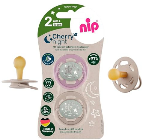 NIP Cherry NIGHT 6 + Rundsauger Schnuller Leuchtschnuller, CHERRY NIGHT 6-36 Monate, Knopf leuchtet langanhaltend im Dunkeln, NACHHALTIG, HAUTFREUNDLICH, 2er Pack
