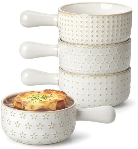 MALACASA French Onion Soup Bowls with Handles, Oven Safe Bowls Set of 4 | 20 oz 5 Inch Soup Crocks for Chilli, Beef Stew, Cereal, Pasta, Elegant Embossed, Crack Resistant Durability, Series LYDIA
