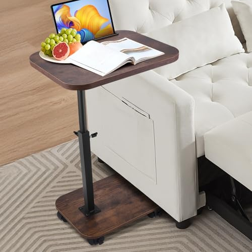 Strixorn Beistelltisch mit Rollen, Beistelltisch C Form, 360° Rotierbarer und Höhenverstellbar Sofatisch, Mobiler Couchtisch Klein Holz Kaffeetisch für Wohnzimmer, Schlafzimmer(Nussbaum)