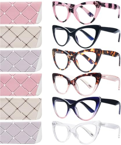 ZONLON 6 Pack Fashion Cat Eye Reading Glasses for Women Blue Light Blocking Oversized Spring Hinges Computer Readers