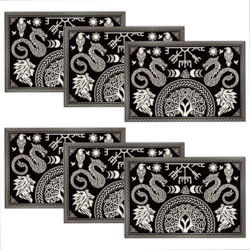 WADORN Black Viking Placemats Set of 6, 17.7x11.8 Inch Celtic Drakkar Runes Aesthetic Table Mats Tree of Life Raven Dragon Washable Place Mats for Home Kitchen Dining Holiday Mythology Vegvsir Party