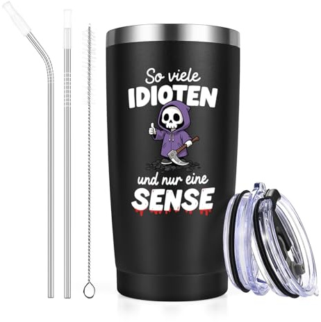 Livole Geschenk Mann Weihnachten, Geschenke für Männer, Ihn, Freund, Kollegen, Thermobecher Lustig, Tassen mit Sprüchen - So viele Idioten und nur eine Sense - 20OZ 600ml Caming Becher aus Edelstahl