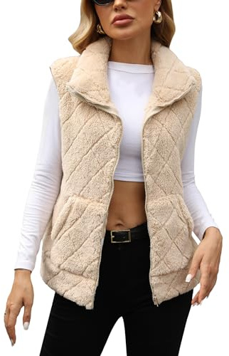 EFOGEP Damen Teddy Weste Winter Warm Fuzzy Sherpa Fleece Jacken Zip Up Offene Front Leichtgewicht Bequem Stand Kragen Oberbekleidung mit Taschen