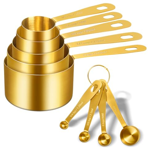 Cuteefun Gold Messbecher und MesslöFfel Set, 9 Stück, Edelstahlgriff | 4 Cups Messbecher, 5 MesslöFfel, Metrischen und US Maßen, Edelstahl, für Trockene und Flüssige Zutaten, Zum Backen und Kochen