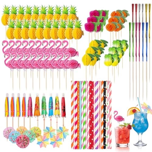 Quelcc 130 Stück Cocktail Deko Set, Enthält Cocktail Schirmchen, Trinkhalme, Flamingo Ananas Feuerwerk Sticks, Wiederverwendbare Party Deko für Sommer, Hochzeit, Bar