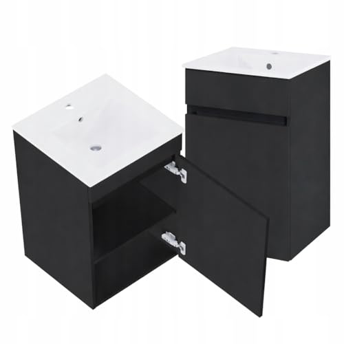 DomoDomo - Badezimmerschrank hängend schwarz 45 cm mit Keramik Waschbecken - Bad Hängeschrank modern für kleine Badezimmer - Badezimmer Schrank mit Tür und 2 Einlegeböden