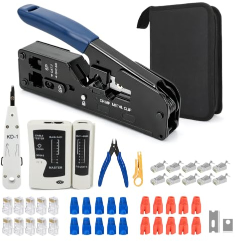 Kit Strumenti di Rete con Crimpatrice Passante RJ45 per CAT7/CAT6/CAT5 | Pinza Universale RJ11/RJ12, 20 Connettori + 20 Antitorsioni, Tagliafili e Borsa Inclusi, per Casa, Ufficio, Cantiere