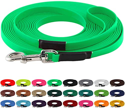 LENNIE BioThane Schleppleine, 13mm, Hunde 15-25kg, 20m lang, mit Handschlaufe, Neon-Grün, genäht