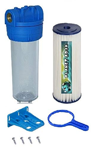 Filtergehäuse SET 10 Zoll mit 1 Anschluß + + 5µ auswaschbarerMehrweg Filter Kartusche , GEHÄUSE - SCHLÜSSEL und WANDHALTER als Schmutz Wasser Vorfilter für Wasserfilter , Umkehrosmose Anlage Hauswasserwerk Brunnenwasser Garten Pool