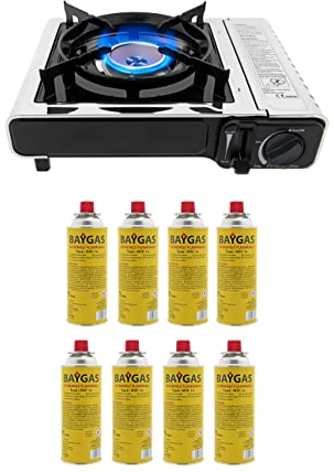 Gaskocher Campingkocher mit 8 Gaskartuschen 2,3 KW + Phönix PH-T01 Gasherdkreuz + Koffer (Farbe Schwarz, Rot, Blau, Dunkelgrün, oder Grau)