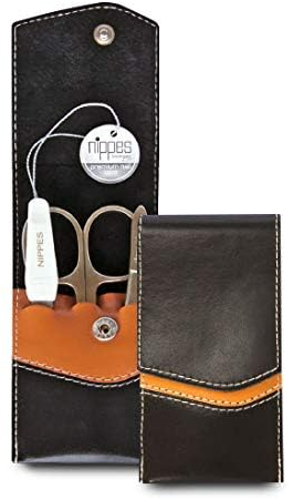 nippes Solingen Premium Line Maniküre Set Seam, 3-teilig, vernickelter Stahl, Rindsleder-Etui mit Druckknopf, Schwarz/Braun, Nagelpflege Set, Made in Germany