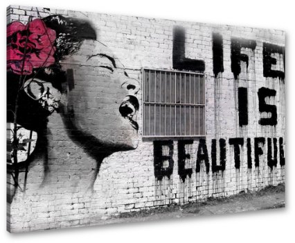 Visario Bild Banksy Life is Beautiful Marke Nr 4166 80 x 60 cm Leinwand Bild Wanddeko hochwertig Wohnzimmer Büro Druck