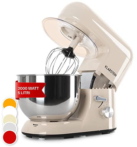 Klarstein Planetaria Professionale, Impastatrice Planetaria 5 Litri con Ciotola, Impastatrice Planetaria Professionale 1800W per Pizza e Dolci a 6 Velocità, Impastatrice Pane con Gancio e Frusta