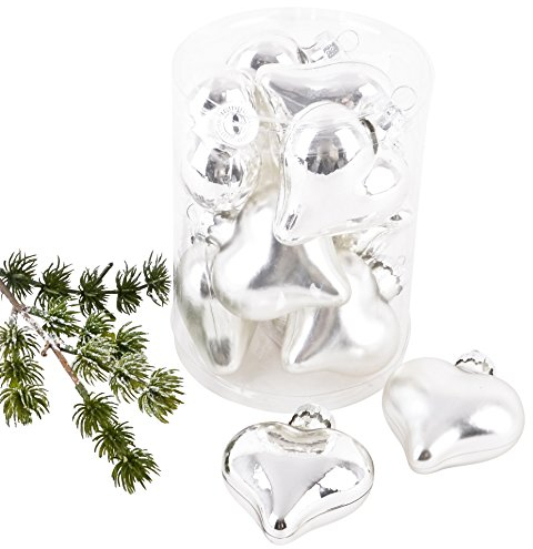 Dadeldo Living & Lifestyle Weihnachtskugel Herz Premium 10er Set Glas 6x5x3cm Xmas Baumschmuck (Silber)