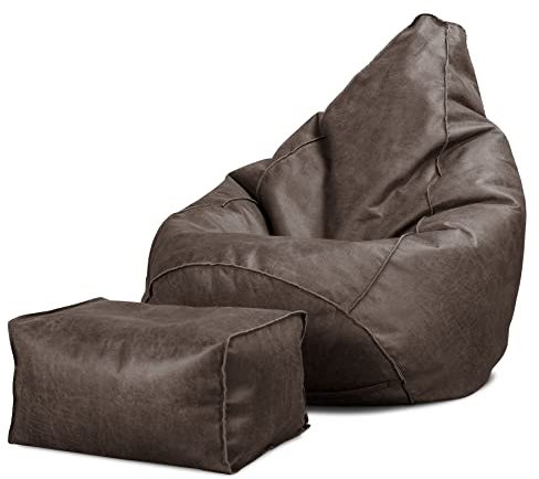 Lounge Pug, Gaming Sitzsack Sessel mit Hocker, Vintage Leder Schiefergrau