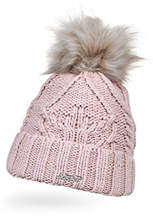 Neverless® Damen Strick-Mütze gefüttert Umschlag Fleecefutter Fell-Bommel Kunstfell Winter-Mütze Zopfstrick Bommelmütze rosa Unisize