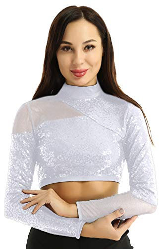 CHICTRY Women Shiny Sequins Mock Neck Long Sleeves Mesh Spliced Crop Top Dancewear Silver X-Large