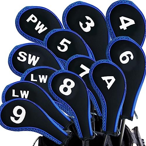 AMRTA Golf Iron Club Covers Number Print Head Cover for Irons with Zipper for Men Women Golf Head Cover (12 Pcs in Blue)