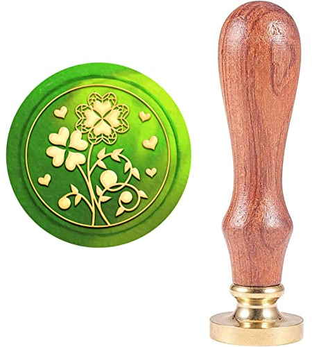 craspire Wachssiegel Stempel Vierblättriges Kleeblatt Siegellack Siegelstempel Vintage Messing Kopf Holzgriff Abnehmbar 25mm Für Umschläge Einladung Geschenk Thanksgiving Weihnachtsfeier