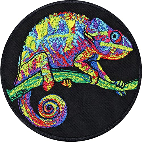 Aufnäher psychedelische Chamäleon Leguan Aufbügler Gecko Aufkleber gestickter Echsen Patch Chameleon Tattoo Maori Textil Deko Bügelbild Applikation zum annähen/aufbügeln 70x70mm