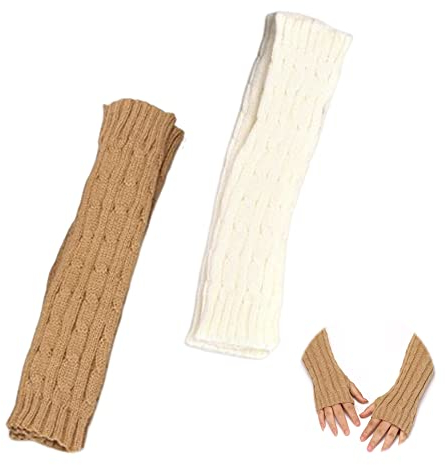 2 Paar Lange Handschuhe, Gestrickte Halb Fingerlose Fäustlinge Strickhandschuhe Fingerlose Fäustlinge Stulpen Thermal, Damen Fingerlose Handschuhe, Gestrickte Halbfingerhandschuhe(Khaki, Weiß)