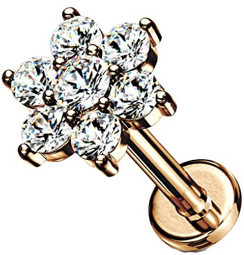Piercing Labret Monroe en Acier Chirurgical 316 L Argenté et Oxydes de Zirconium - Fleur Composée de Zircons Clairs - Goujon à Fond Plat et Filetage Intérieur - 6 ou 8 mm - (Rosé / Clair, 6)