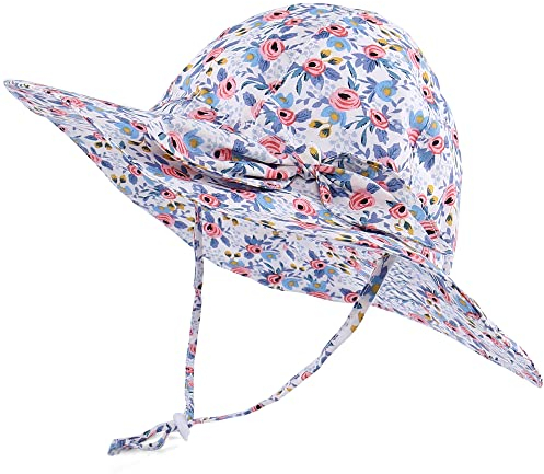 LACOFIA Baby Mädchen Sonnenhut UPF 50+ UV Schutz Kleinkind Sommer Baumwolle Mütze Strandhut Visierkappe mit Verstellbarem Kinnriemen Blaue Blumen 2-5 Jahre