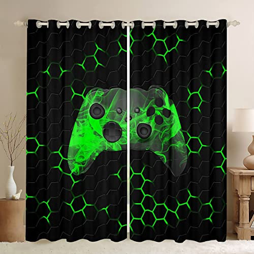 Spieler Fenstervorhänge Für Jungen Geometrisches Wabenmuster Sechseck Fenstervorhänge Kinder Cool Spielen Vorhang Videospiel Gamepad Ösenvorhänge Für Spielzimmer Grün Schwarz 46 x 54, 2 Paneele