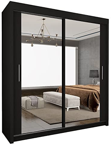 UK SLIDING WARDROBE Modern Full Size Double Mirrors 2&3 Sliding Doors Wardrobe With Adjustable Shelves, Hanging Rails,Bedroom Furniture (Black, 90cm)