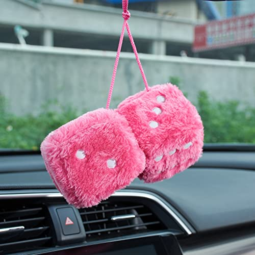 JSCARLIFE 1 Paar quadratische Retro-Spiegel zum Aufhängen, Paar, 7,5 cm, flauschige Plüschwürfel mit Punkten, Spiegel, flauschige Würfel für Auto-Innendekoration, Dekoration (Rosa)