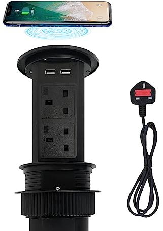 ZESHAN pop up kitchen socket motorised pop up sockets for kitchen worktops with wireless charging with 4 UK plugs, 2 USB C Charging stations for Kitchen Counter, furniture desk,Conference Room, Black