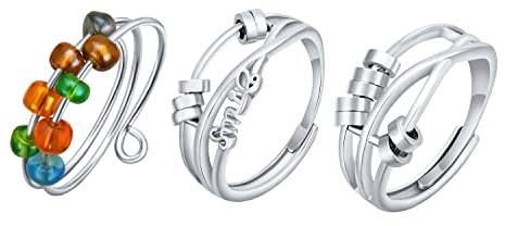 Phyonio 3PCS Ringe Set Silber Angst Spinning Ringe fur Damen Kupfer Fidget Ringe mit Perlen Band Verstellbare Stapelbare für Stress abbauen Set Lächeln Sie bunte Perlen Ringe