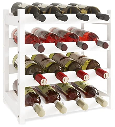 SMIBUY Bambus-Weinregal, 16 Flaschen-Display-Halter, 4-stöckige freistehende Lagerregale für Küche, Speisekammer, Keller, Bar (Weiß)